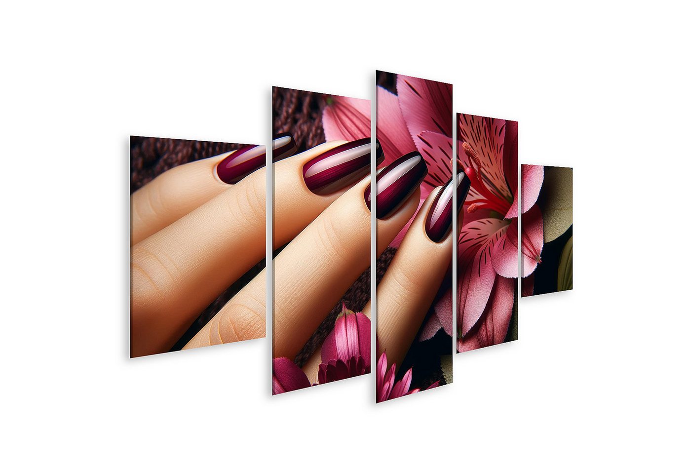 islandburner Leinwandbild Elegante Maniküre mit Tiefmaroon Lack und Blumenhintergrund Beauty Sal von islandburner
