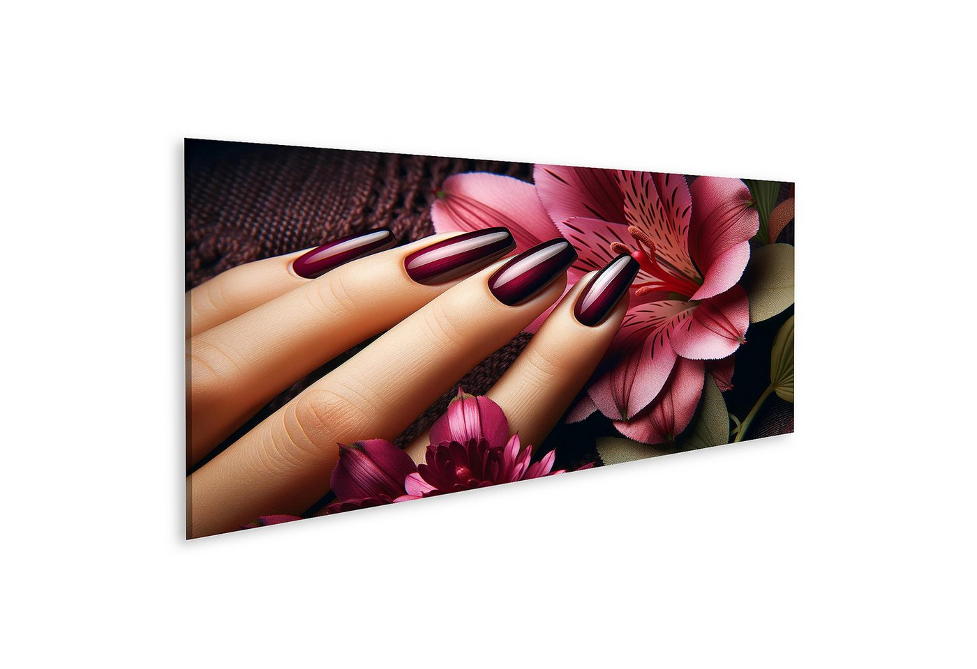 islandburner Leinwandbild Elegante Maniküre mit Tiefmaroon Lack und Blumenhintergrund Beauty Sal von islandburner
