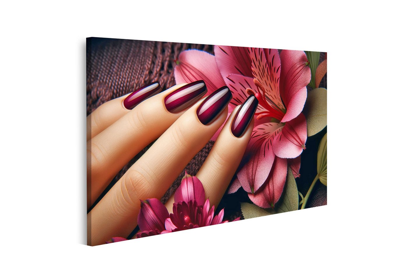 islandburner Leinwandbild Elegante Maniküre mit Tiefmaroon Lack und Blumenhintergrund Beauty Sal von islandburner