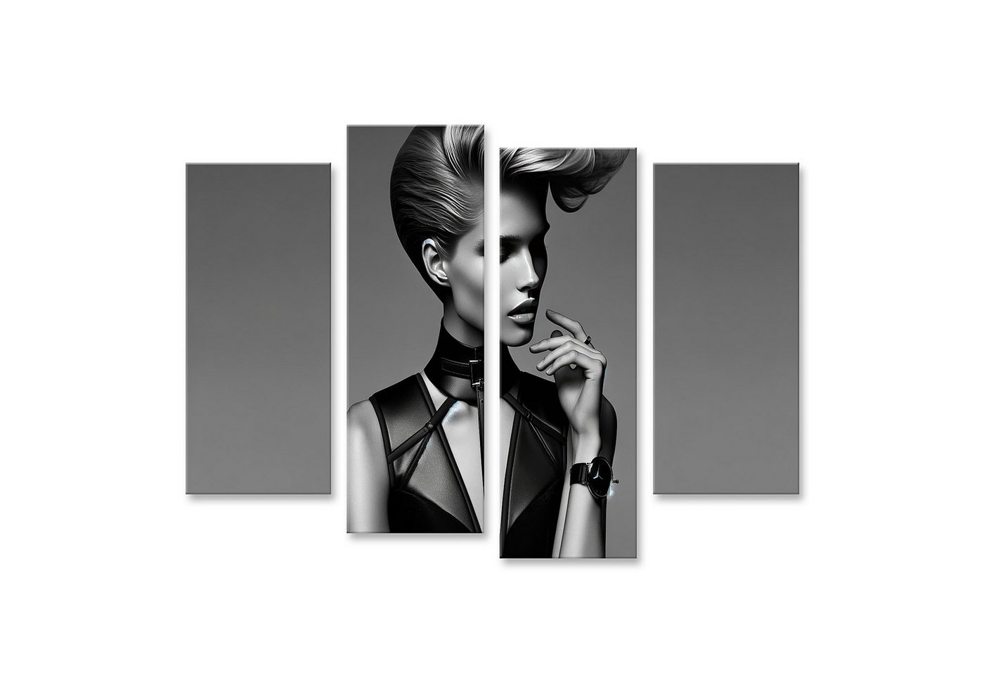 islandburner Leinwandbild Eleganz in Monochrom Model mit Futuristischer Frisur und Designer-Uhr von islandburner