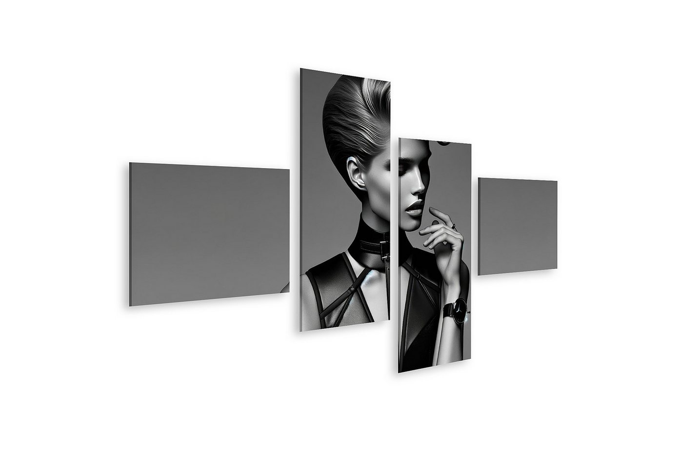 islandburner Leinwandbild Eleganz in Monochrom Model mit Futuristischer Frisur und Designer-Uhr von islandburner