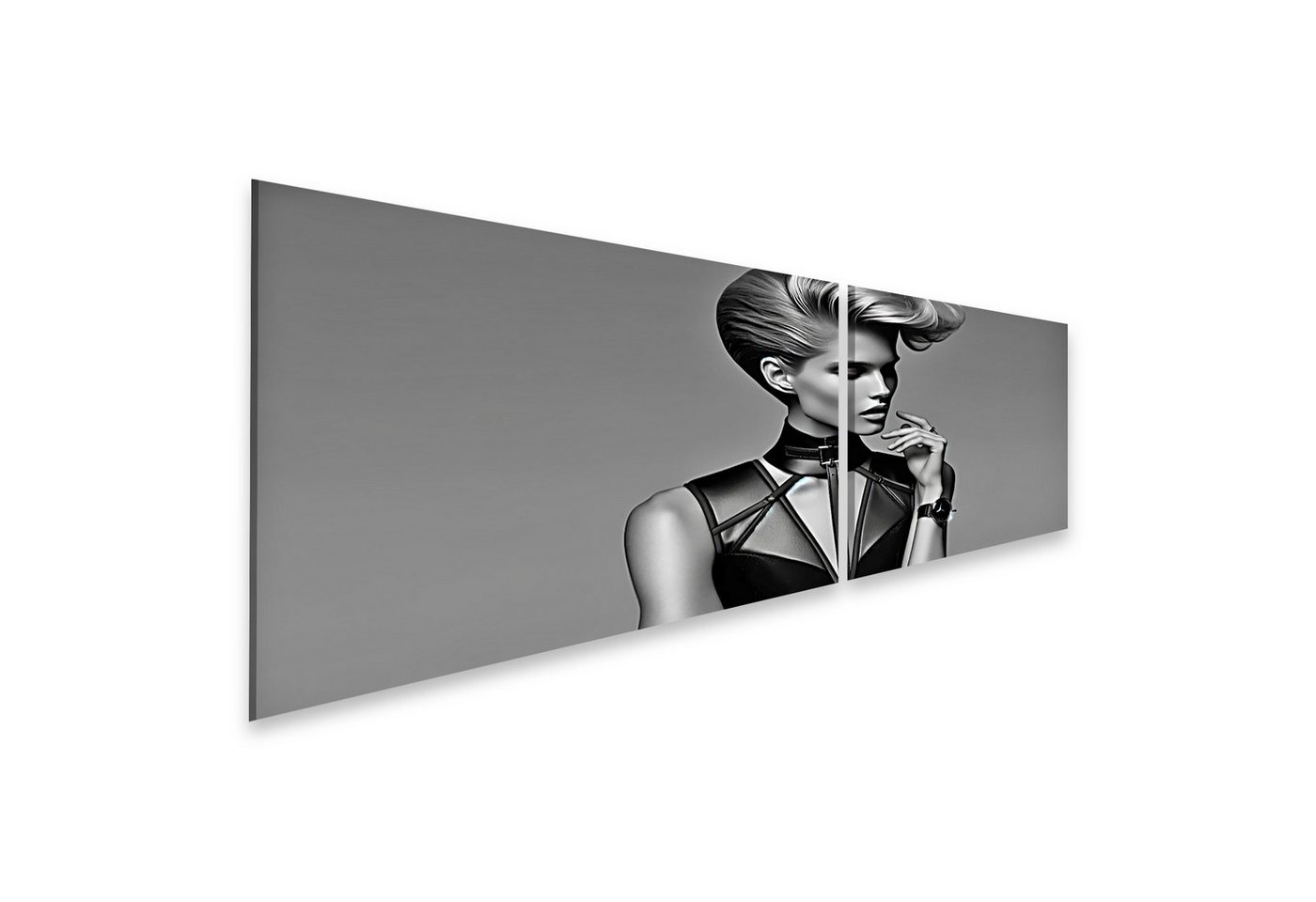 islandburner Leinwandbild Eleganz in Monochrom Model mit Futuristischer Frisur und Designer-Uhr von islandburner
