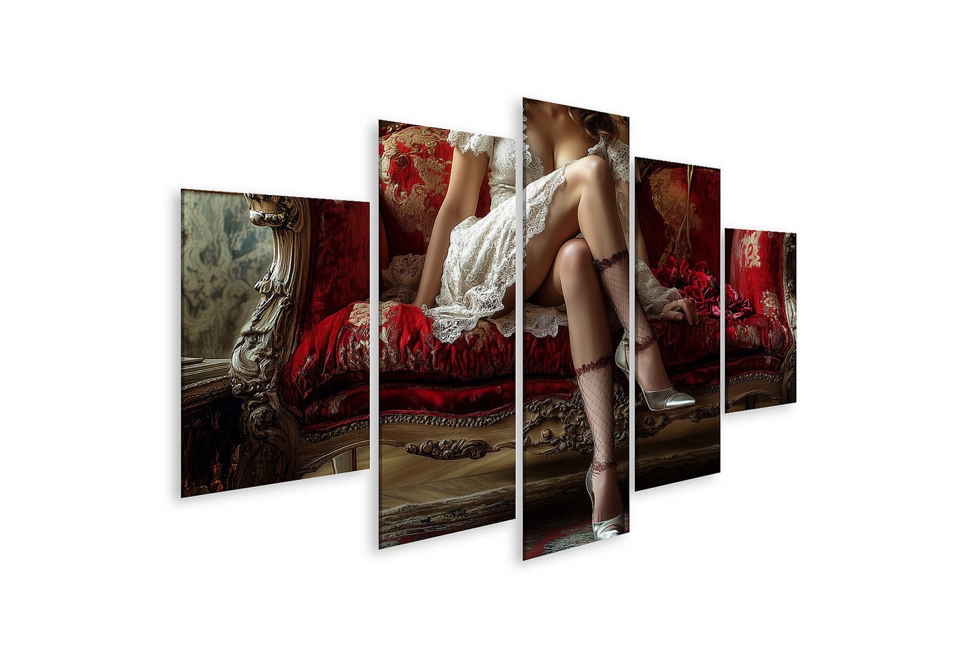 islandburner Leinwandbild Eleganz in Spitze und rotem Samt auf antikem Sofa von islandburner