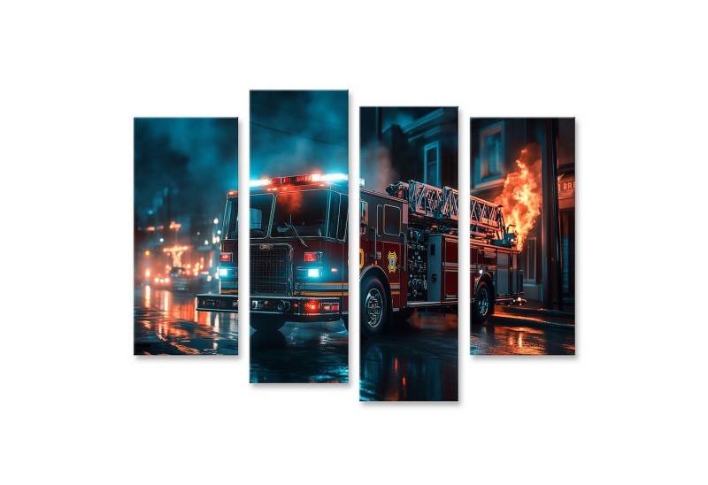 islandburner Leinwandbild Feuerwehrwagen mit ausgefahrener Leiter bei einem Brand von islandburner