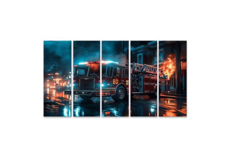 islandburner Leinwandbild Feuerwehrwagen mit ausgefahrener Leiter bei einem Brand von islandburner