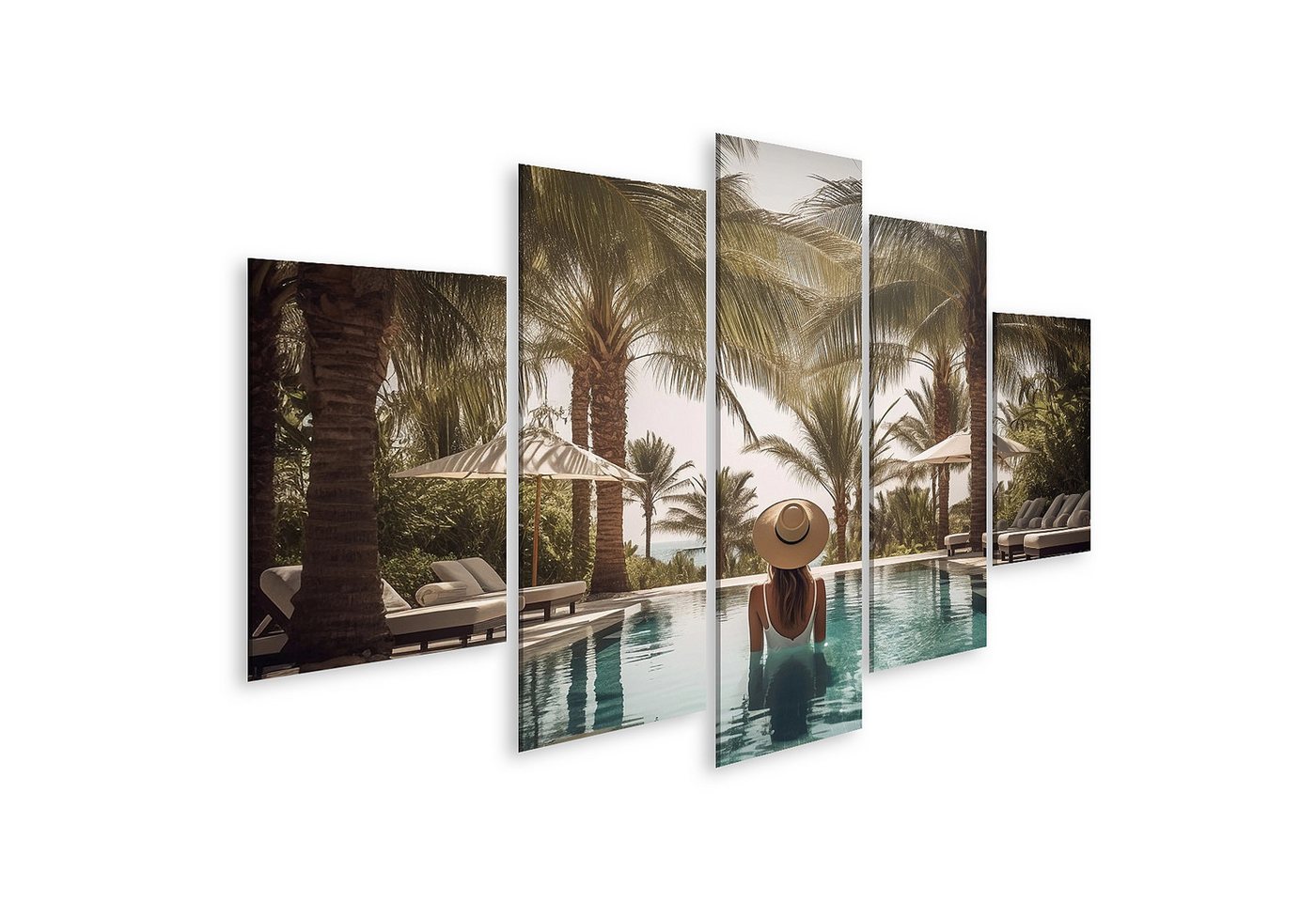 islandburner Leinwandbild Frau Entspannt Sich Im Pool Unter Palmen Mit Sonnenschirm Wandbild islandburner Leinwandbild Frau Entspannt Sich Im Pool Unter Palmen Mit Sonnenschirm Wandbild von islandburner