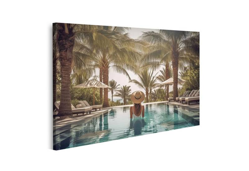 islandburner Leinwandbild Frau Entspannt Sich Im Pool Unter Palmen Mit Sonnenschirm Wandbild islandburner Leinwandbild Frau Entspannt Sich Im Pool Unter Palmen Mit Sonnenschirm Wandbild von islandburner