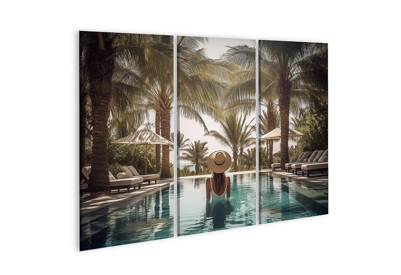 islandburner Leinwandbild Frau Entspannt Sich Im Pool Unter Palmen Mit Sonnenschirm Wandbild islandburner Leinwandbild Frau Entspannt Sich Im Pool Unter Palmen Mit Sonnenschirm Wandbild von islandburner