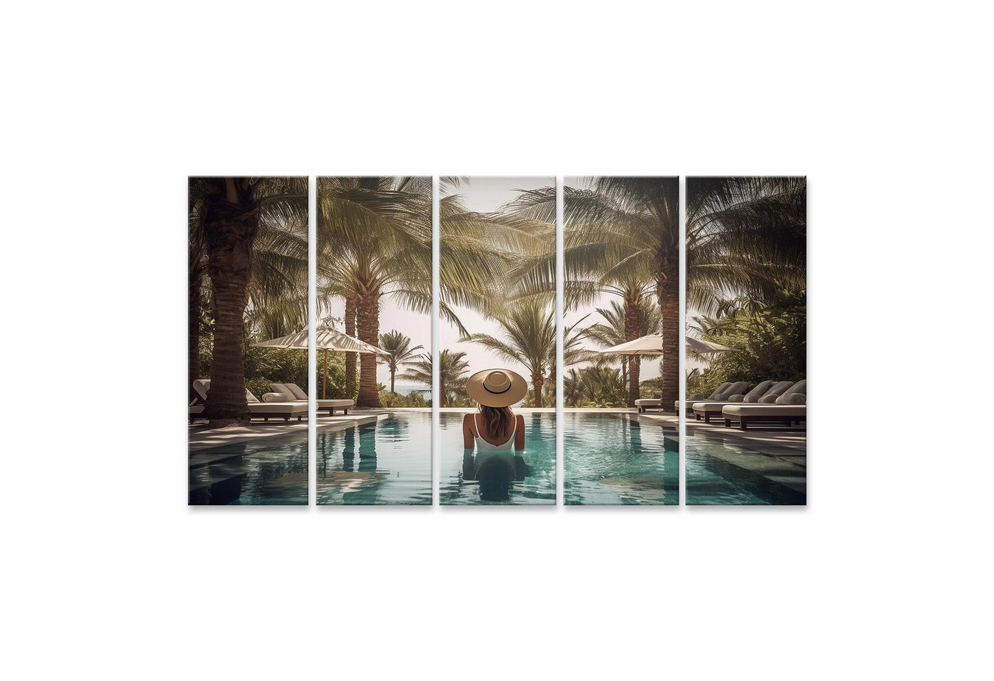 islandburner Leinwandbild Frau Entspannt Sich Im Pool Unter Palmen Mit Sonnenschirm Wandbild islandburner Leinwandbild Frau Entspannt Sich Im Pool Unter Palmen Mit Sonnenschirm Wandbild von islandburner