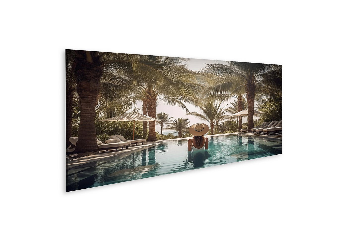 islandburner Leinwandbild Frau Entspannt Sich Im Pool Unter Palmen Mit Sonnenschirm Wandbild islandburner Leinwandbild Frau Entspannt Sich Im Pool Unter Palmen Mit Sonnenschirm Wandbild von islandburner