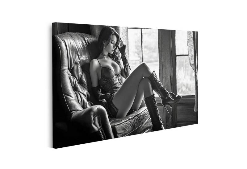 islandburner Leinwandbild Frau in elegantem Outfit sitzt am Fenster Wandbild islandburner Leinwandbild Frau in elegantem Outfit sitzt am Fenster Wandbild von islandburner