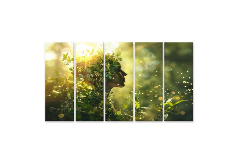 islandburner Leinwandbild Frau verwandelt Natur in üppigen Wald mit blühenden Blumen in warmem von islandburner