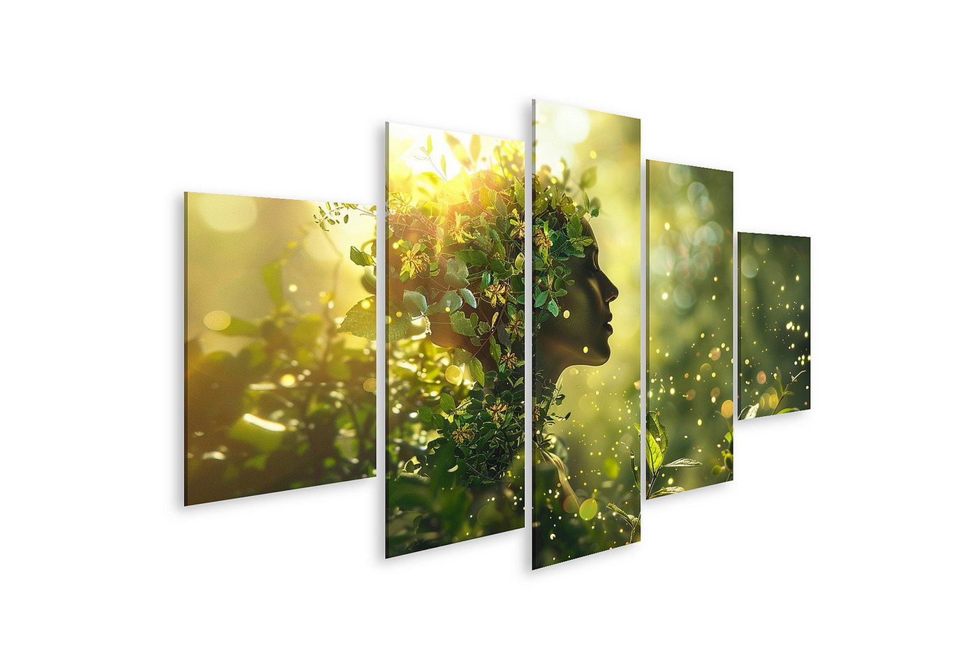 islandburner Leinwandbild Frau verwandelt Natur in üppigen Wald mit blühenden Blumen in warmem von islandburner
