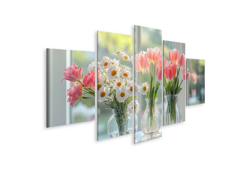 islandburner Leinwandbild Frische Blumen in Vasen auf einem sonnigen Fensterbrett von islandburner