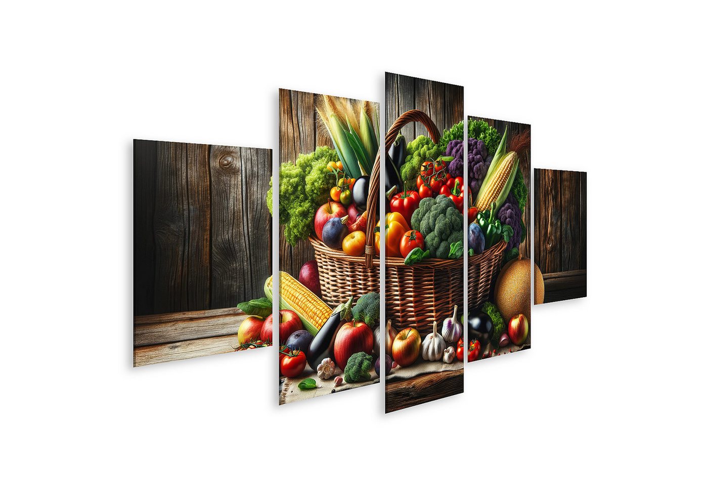 islandburner Leinwandbild Fülle der Natur: Weidenkorb auf Holz mit frischem Obst und Gemüse islandburner Leinwandbild Fülle der Natur: Weidenkorb auf Holz mit frischem Obst und Gemüse von islandburner