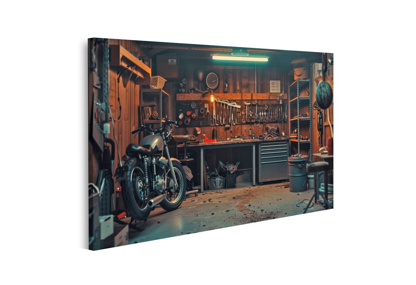 islandburner Leinwandbild Gemütliche Motorradwerkstatt mit gut sortierter Werkbank und vers islandburner Leinwandbild Gemütliche Motorradwerkstatt mit gut sortierter Werkbank und vers von islandburner