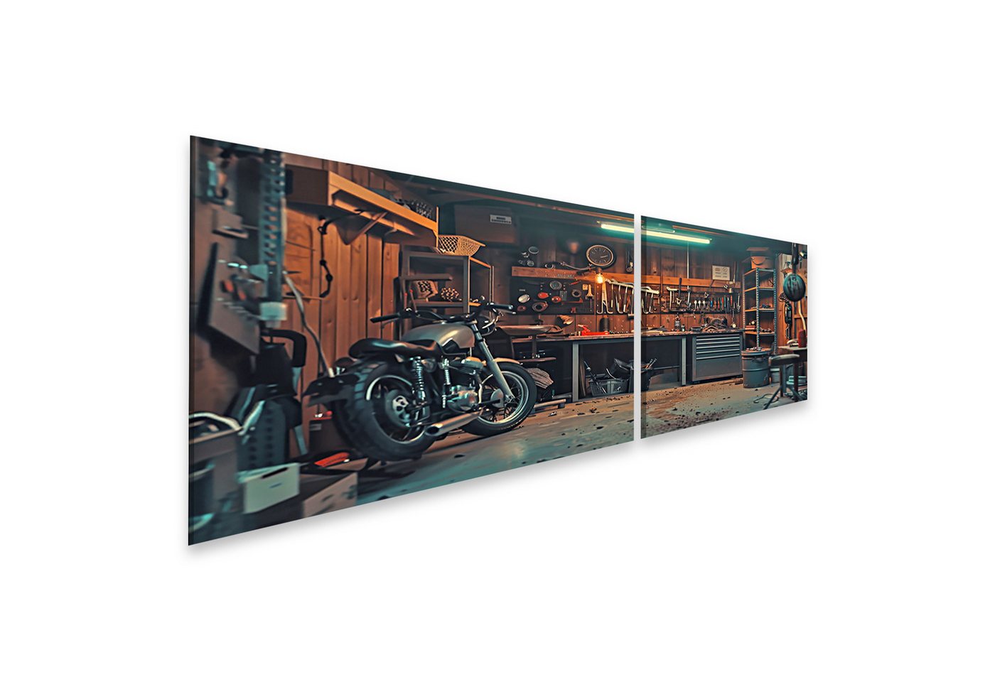 islandburner Leinwandbild Gemütliche Motorradwerkstatt mit gut sortierter Werkbank und vers islandburner Leinwandbild Gemütliche Motorradwerkstatt mit gut sortierter Werkbank und vers von islandburner