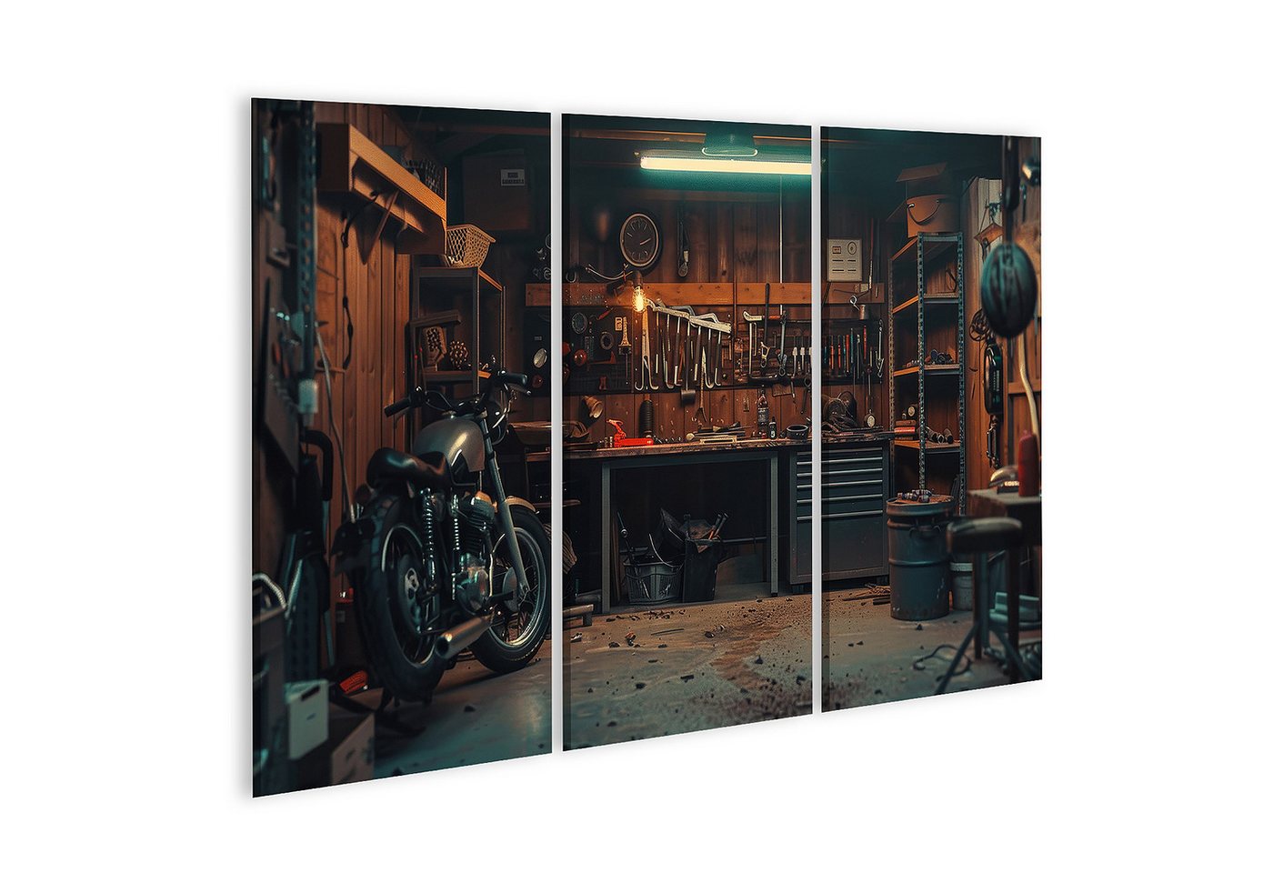 islandburner Leinwandbild Gemütliche Motorradwerkstatt mit gut sortierter Werkbank und vers islandburner Leinwandbild Gemütliche Motorradwerkstatt mit gut sortierter Werkbank und vers von islandburner