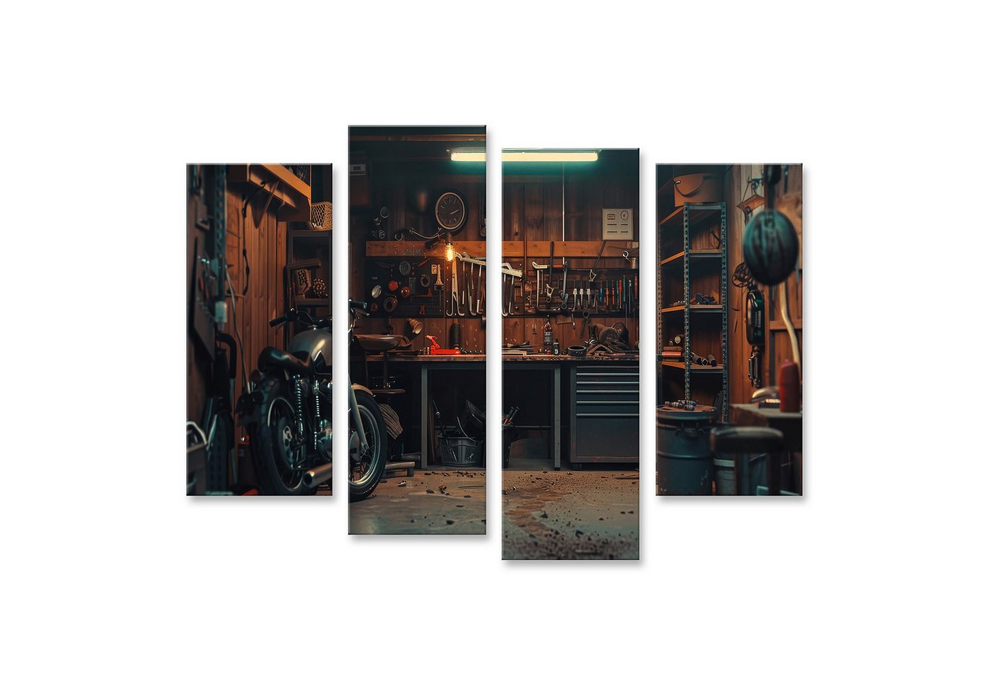 islandburner Leinwandbild Gemütliche Motorradwerkstatt mit gut sortierter Werkbank und vers islandburner Leinwandbild Gemütliche Motorradwerkstatt mit gut sortierter Werkbank und vers von islandburner