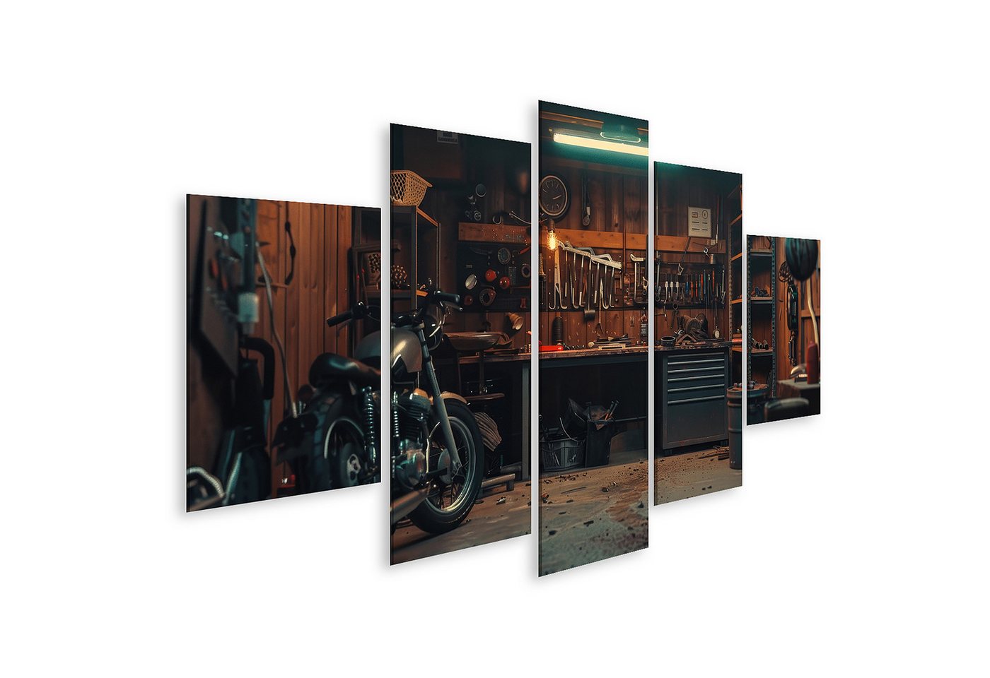 islandburner Leinwandbild Gemütliche Motorradwerkstatt mit gut sortierter Werkbank und vers islandburner Leinwandbild Gemütliche Motorradwerkstatt mit gut sortierter Werkbank und vers von islandburner