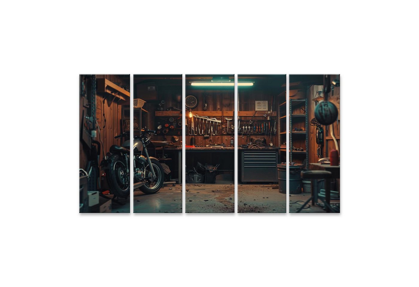 islandburner Leinwandbild Gemütliche Motorradwerkstatt mit gut sortierter Werkbank und vers islandburner Leinwandbild Gemütliche Motorradwerkstatt mit gut sortierter Werkbank und vers von islandburner