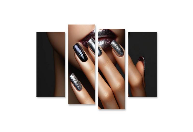 islandburner Leinwandbild Glänzende Lippen und Nägel in Schwarz, Silber für Nagelstudio Beauty S von islandburner