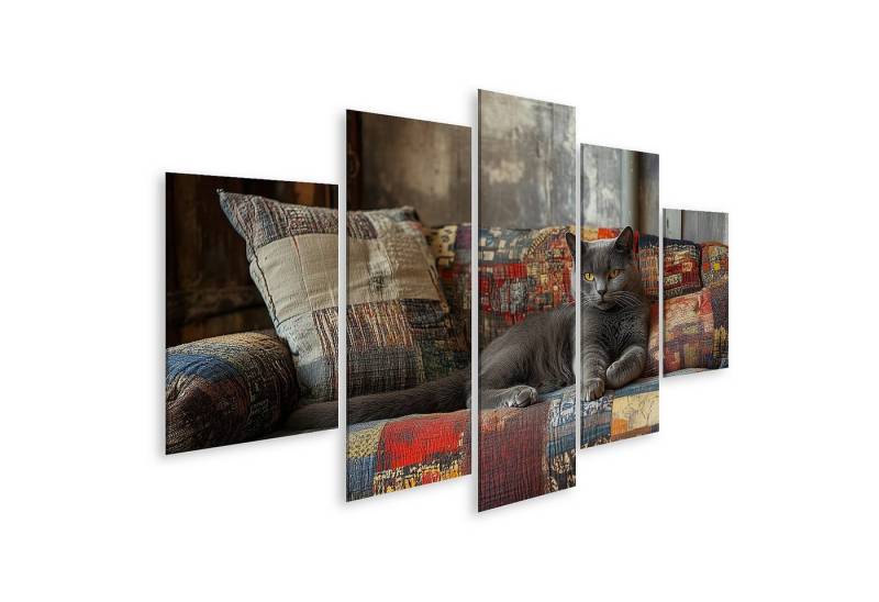 islandburner Leinwandbild Graue Katze entspannt auf buntem Sofa islandburner Leinwandbild Graue Katze entspannt auf buntem Sofa von islandburner