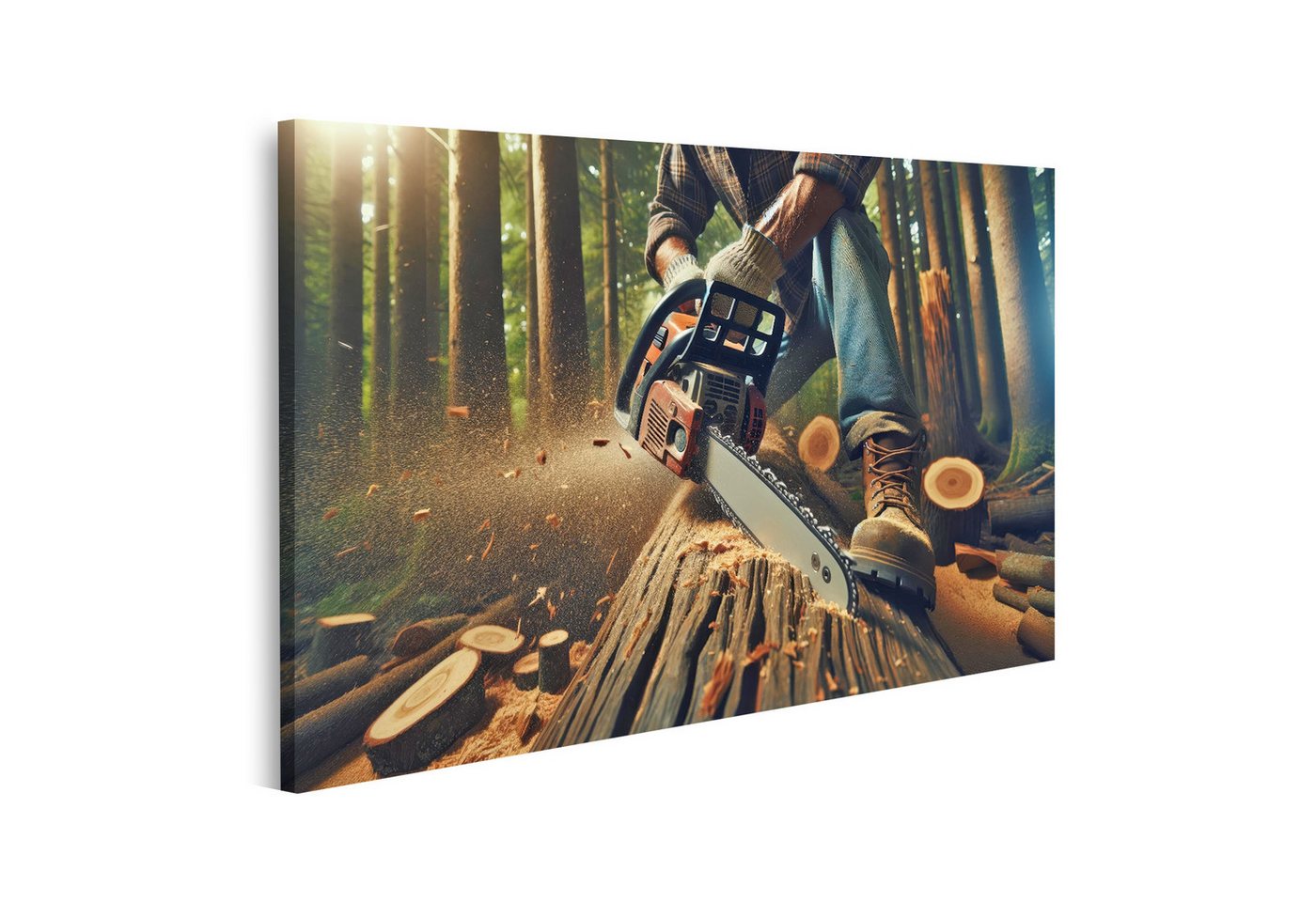 islandburner Leinwandbild Holzfäller im Wald beim Sägen eines Baumstamms mit Kettensäge von islandburner