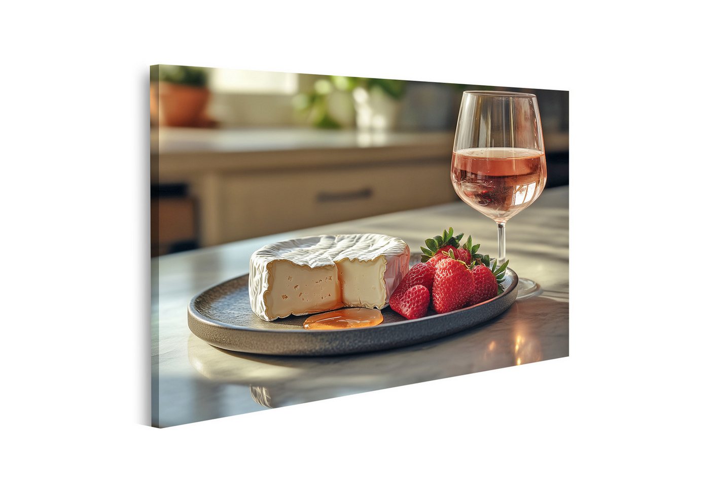 islandburner Leinwandbild Käse mit Erdbeeren und Roséwein auf Tisch islandburner Leinwandbild Käse mit Erdbeeren und Roséwein auf Tisch von islandburner