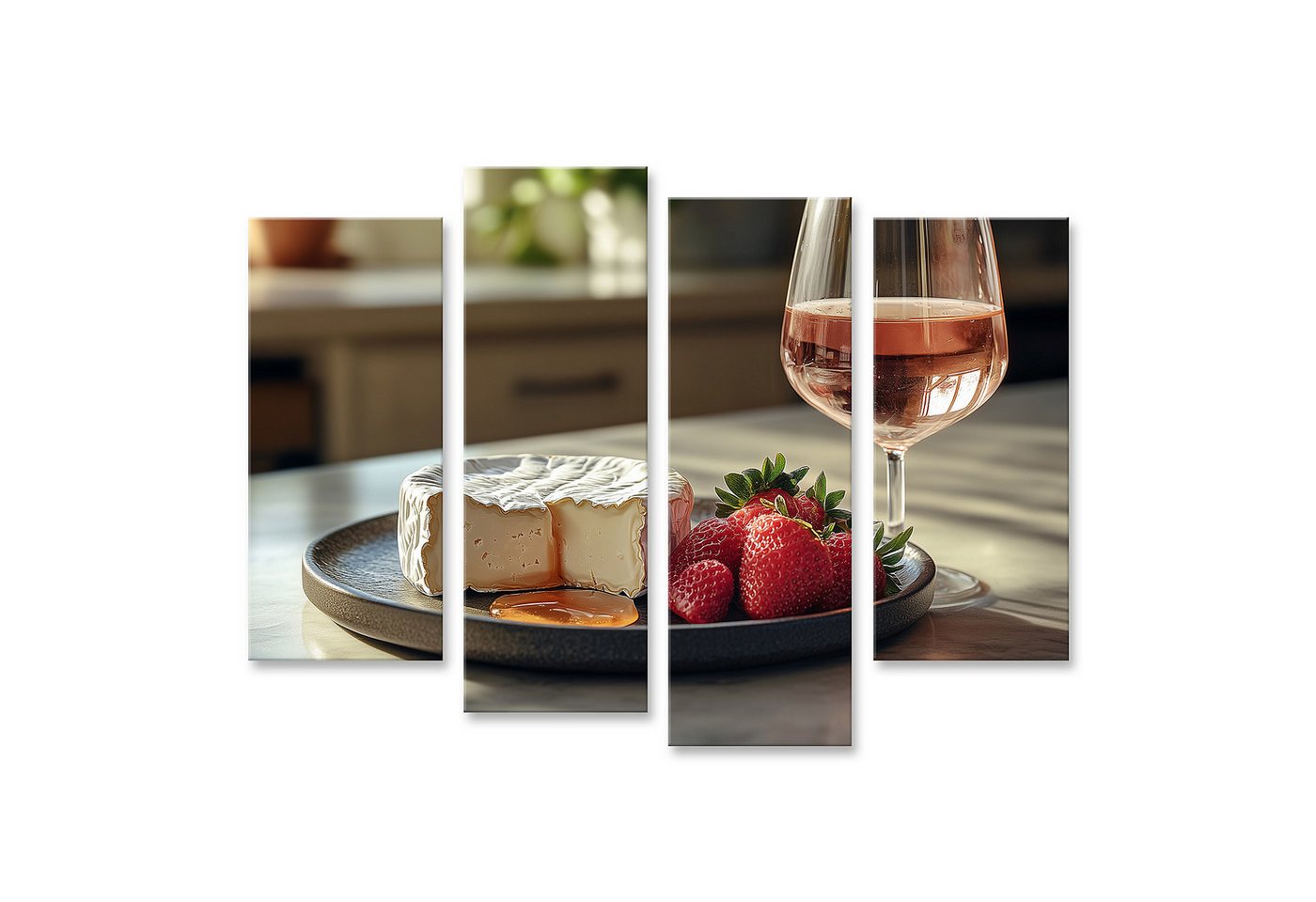 islandburner Leinwandbild Käse mit Erdbeeren und Roséwein auf Tisch islandburner Leinwandbild Käse mit Erdbeeren und Roséwein auf Tisch von islandburner