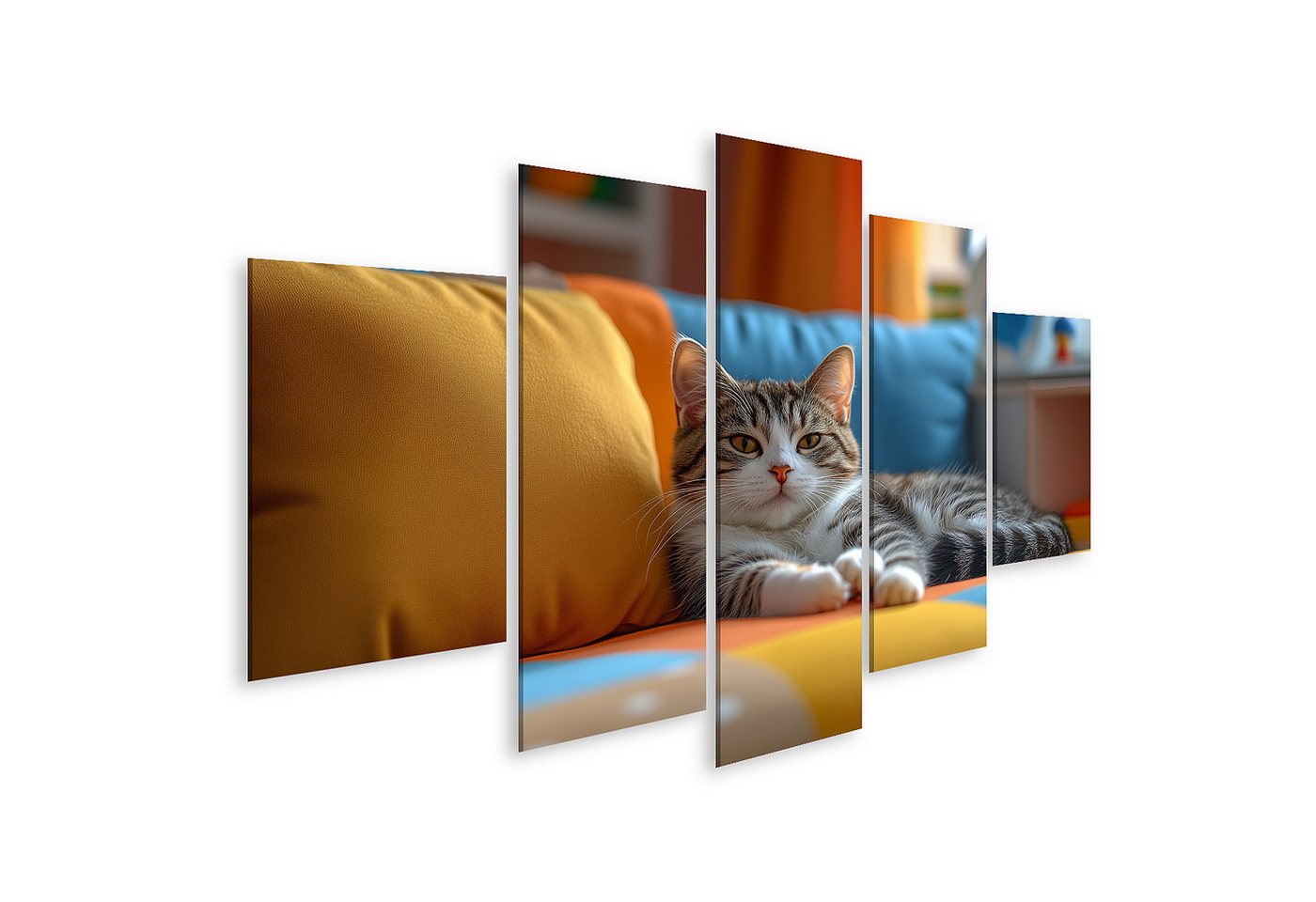 islandburner Leinwandbild Katze entspannt auf buntem Sofa von islandburner