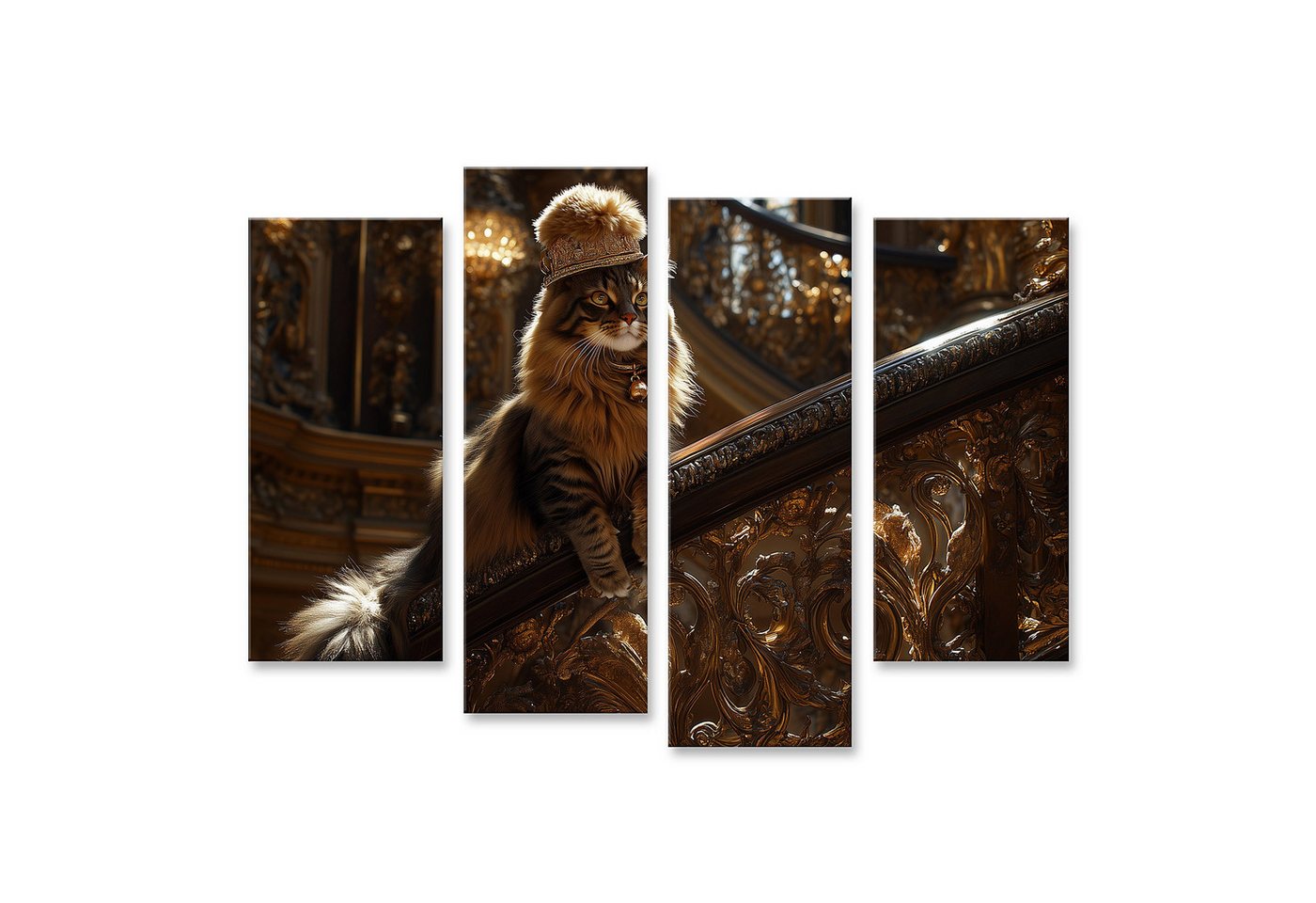 islandburner Leinwandbild Katze im königlichen Outfit auf vergoldeter Treppe von islandburner