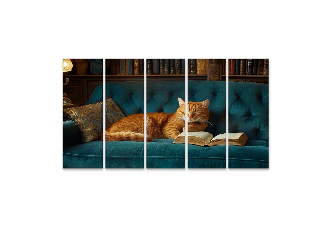 islandburner Leinwandbild Katze schläft auf blauem Sofa neben Büchern von islandburner