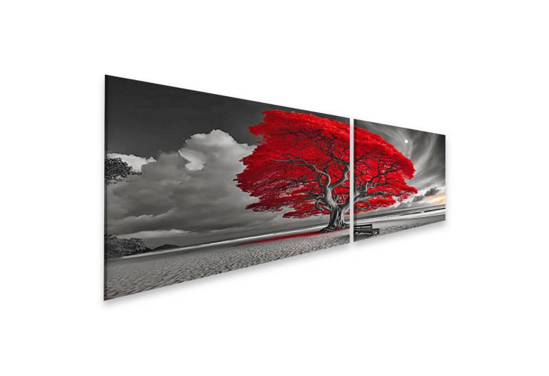 islandburner Leinwandbild Leuchtend roter Baum am Strand bei Mondlicht in Schwarzweiß von islandburner