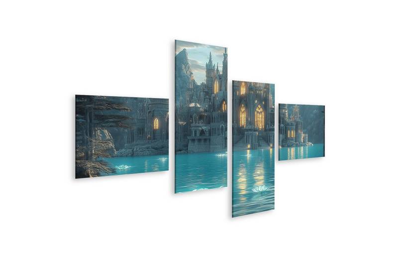 islandburner Leinwandbild Leuchtende Wasserlilien und mystisches Schloss bei Nacht von islandburner