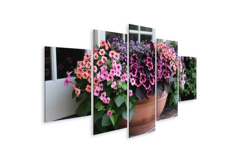islandburner Leinwandbild Leuchtkaskaden aus bunten Geranien, Calibrachoas und Süßkartoffelranke von islandburner