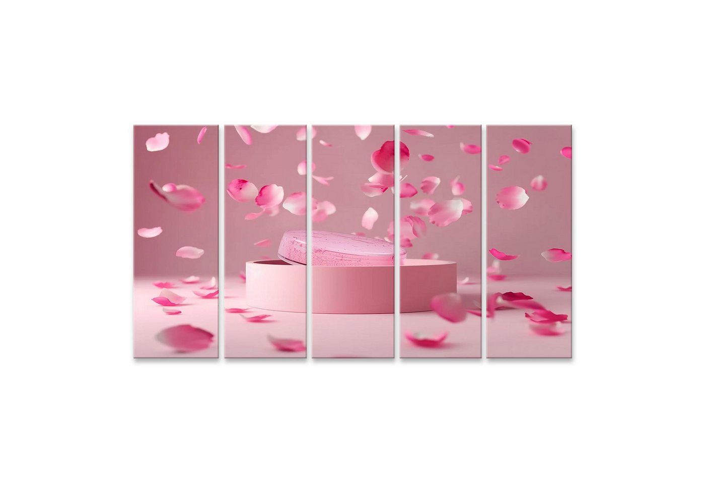 islandburner Leinwandbild Luxuriöses Rosa Produkt-Podium mit herabfallenden Rosenblüten für Prem von islandburner