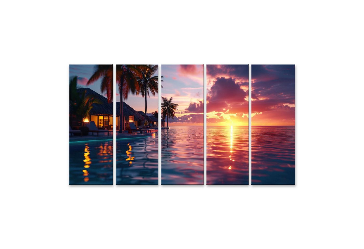islandburner Leinwandbild Luxus-Strandresort-Wandbild: Bungalows nahe Infinity-Pool, Karibikblic von islandburner