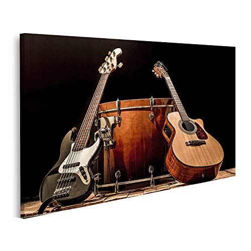 islandburner Leinwandbild Musikinstrumente Trommel Bass Barrel Akustikgitarre Bass Gitarre Schwarz Hintergrund Musik Konzept Bilder Drucke Kunst Poster Wandbild von islandburner