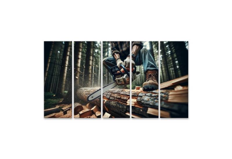 islandburner Leinwandbild Nahaufnahme eines Holzfällers beim Sägen eines Baumstamms mit Kettensä von islandburner