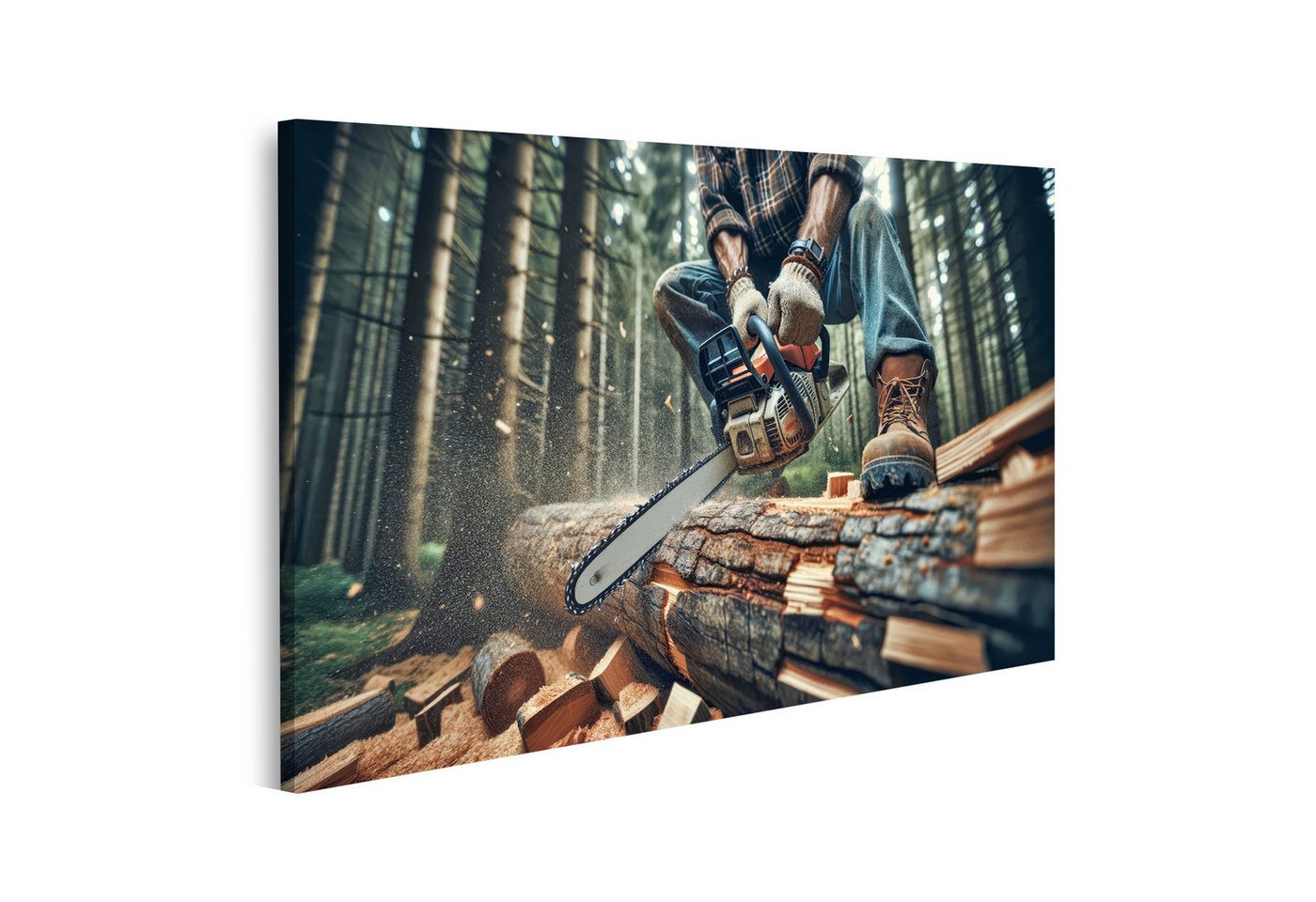 islandburner Leinwandbild Nahaufnahme eines Holzfällers beim Sägen eines Baumstamms mit Kettensä von islandburner