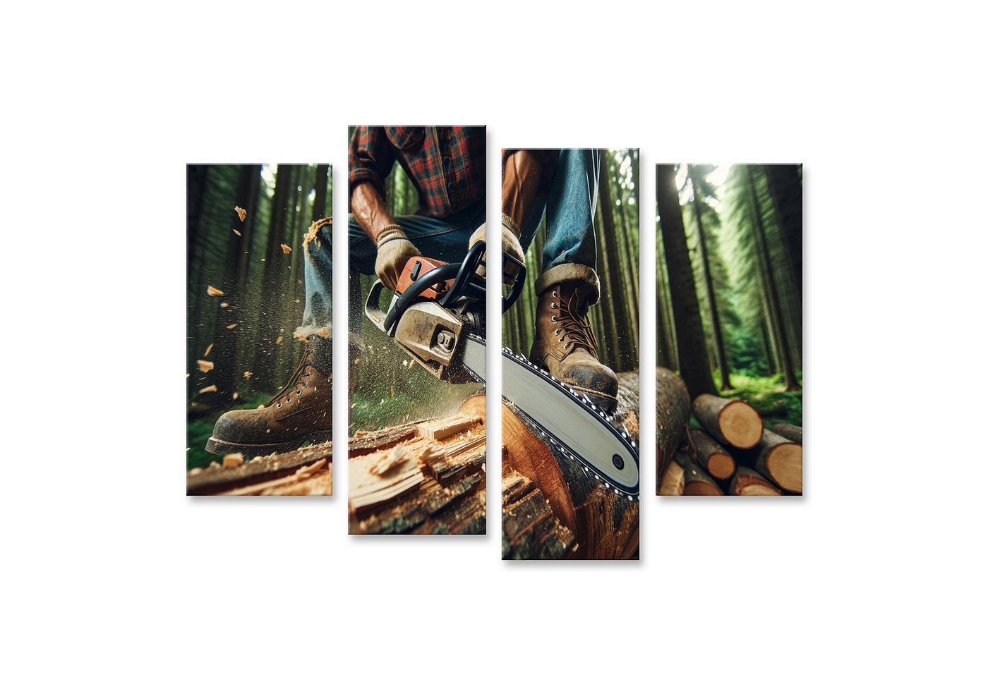 islandburner Leinwandbild Nahaufnahme eines Holzfällers beim Sägen eines Baumstamms von islandburner