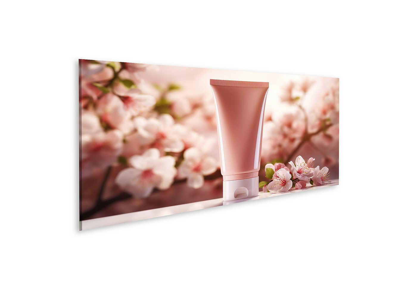 islandburner Leinwandbild Nahaufnahme von Sakura-Creme-Tube Mock-Up und rosa Kosmetikpalette Bad von islandburner