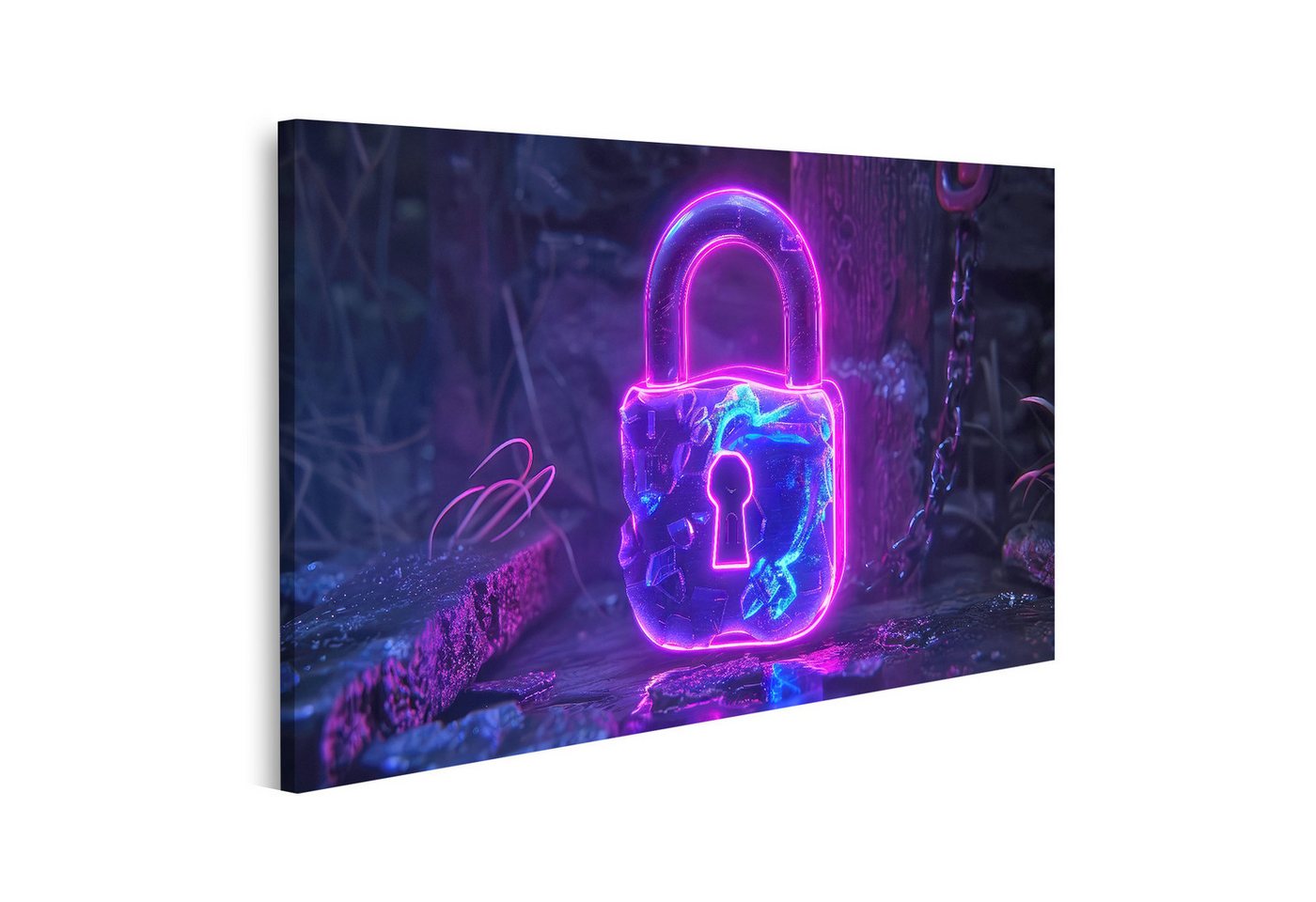 islandburner Leinwandbild Neonviolettes Schloss mit blauen Akzenten, umgeben von mystischem Wald von islandburner