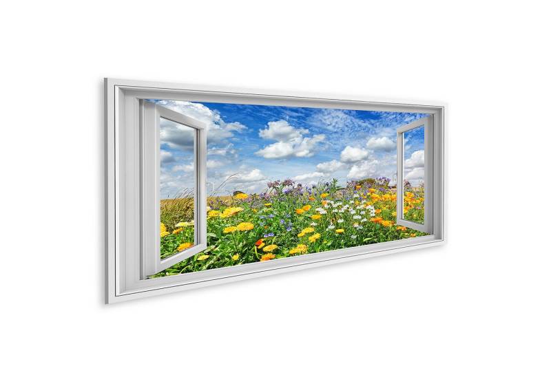 islandburner Leinwandbild Offenes Fenster mit Blick auf eine bunte Blumenwiese unter blauem Himm islandburner Leinwandbild Offenes Fenster mit Blick auf eine bunte Blumenwiese unter blauem Himm von islandburner