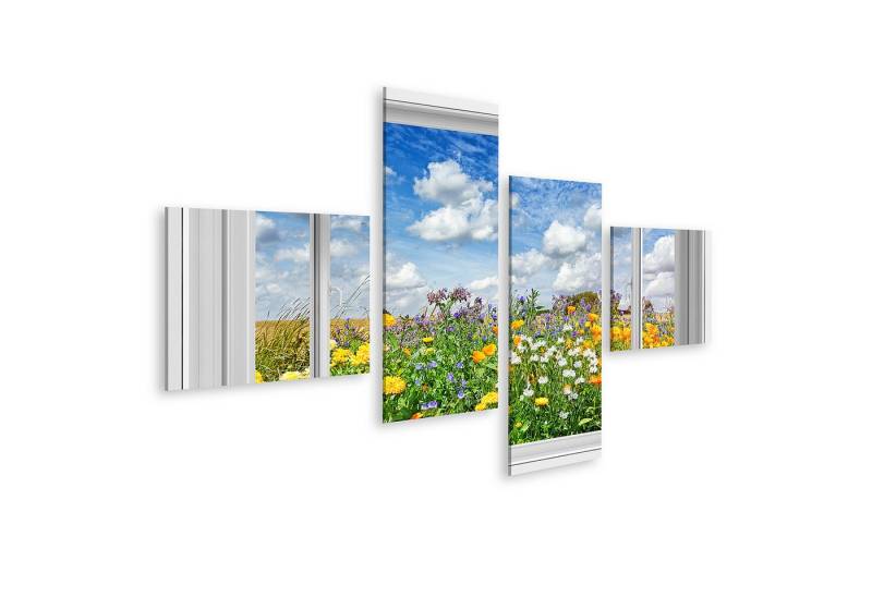 islandburner Leinwandbild Offenes Fenster mit Blick auf eine bunte Blumenwiese unter blauem Himm islandburner Leinwandbild Offenes Fenster mit Blick auf eine bunte Blumenwiese unter blauem Himm von islandburner