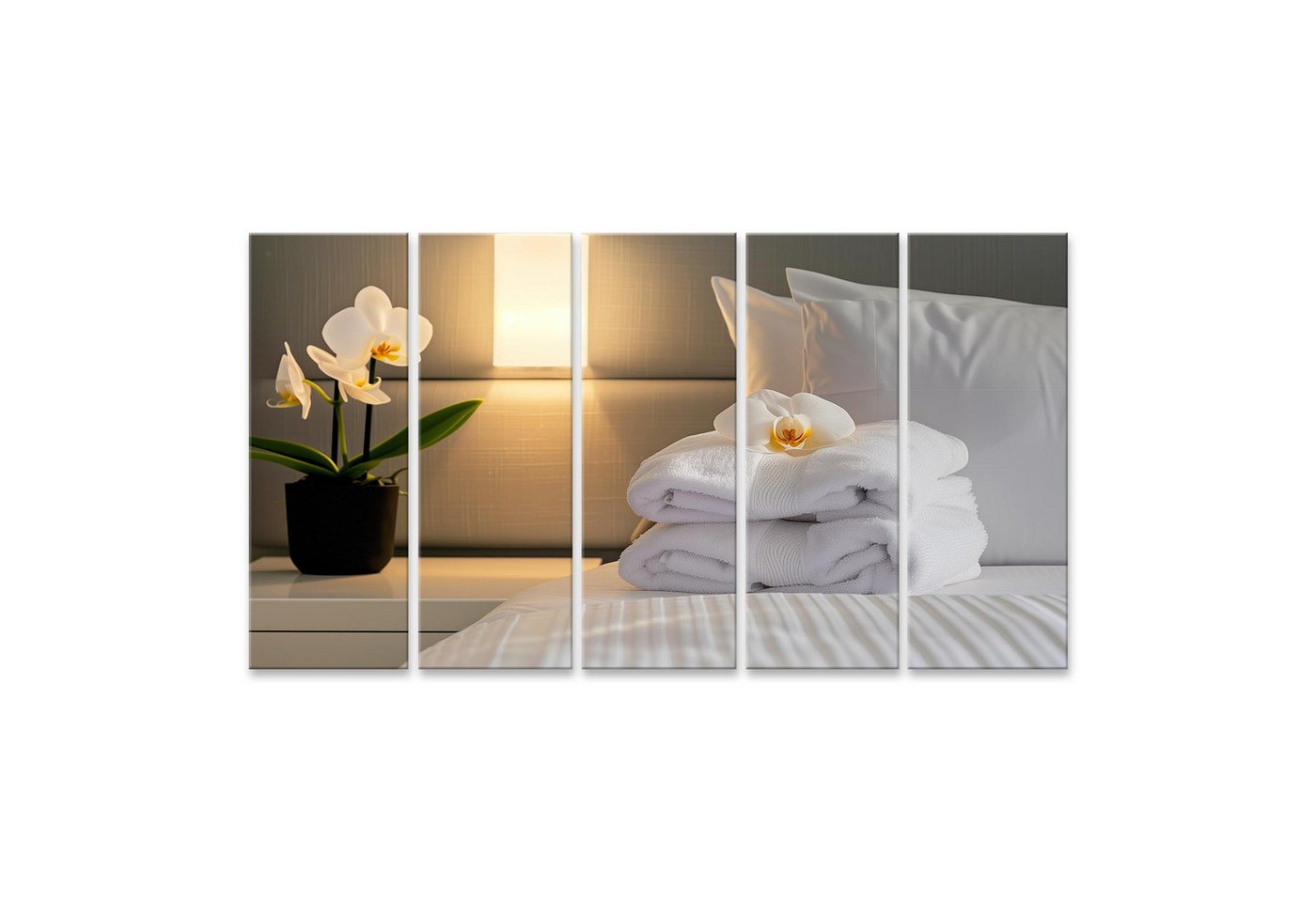 islandburner Leinwandbild Orchideen & kunstvoll gefaltete Handtücher auf einem Nachttisch-Bild S von islandburner