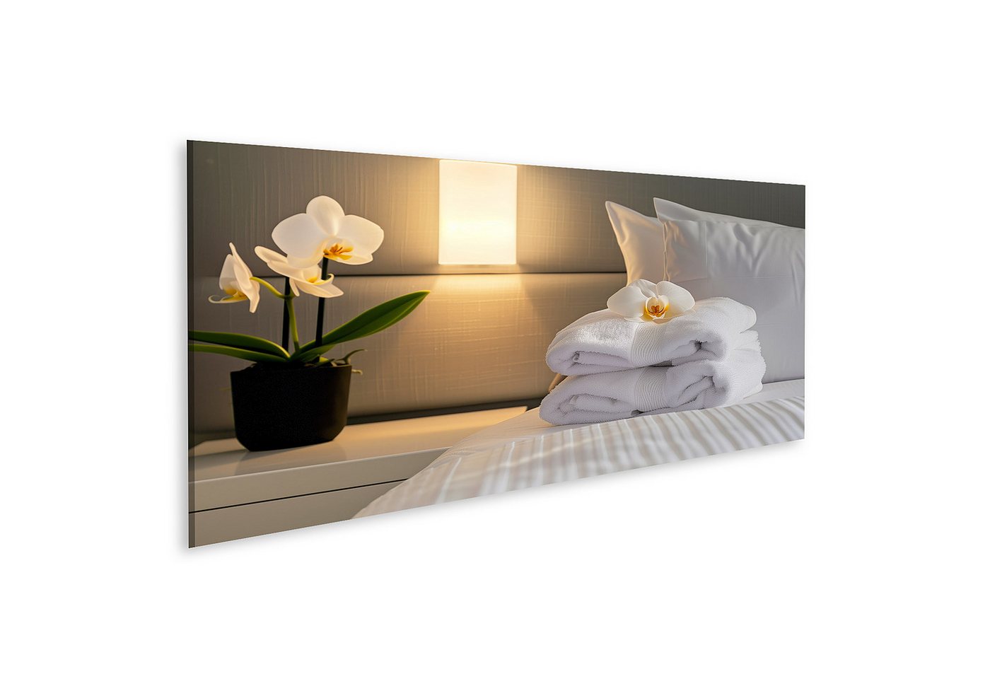 islandburner Leinwandbild Orchideen & kunstvoll gefaltete Handtücher auf einem Nachttisch-Bild S von islandburner