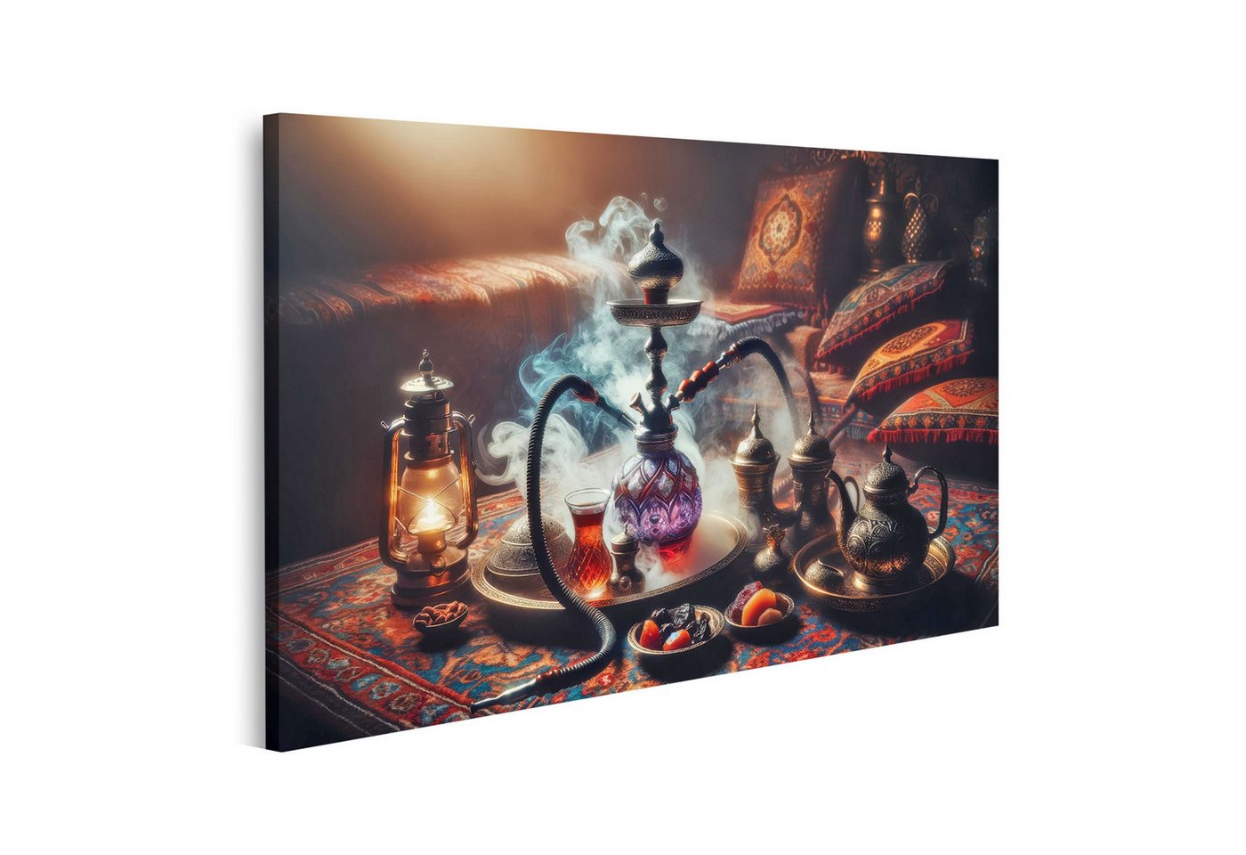 islandburner Leinwandbild Orientalische Wasserpfeife mit Rauch auf Teppich für Shisha Bar von islandburner