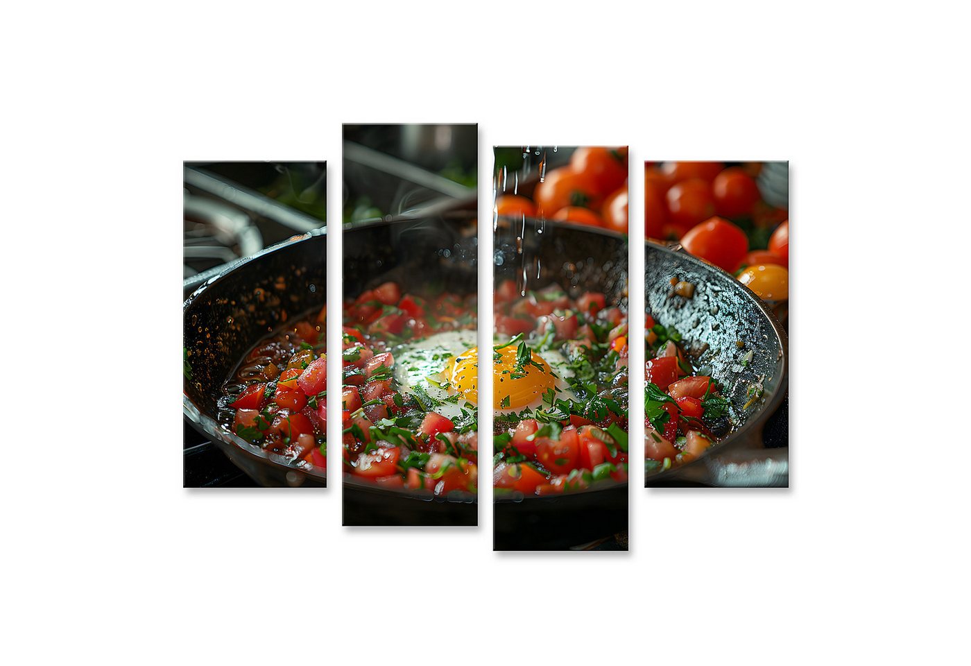 islandburner Leinwandbild Perfekt gekochtes Ei und Tomaten, exquisit in siedender Pfanne auf Her von islandburner